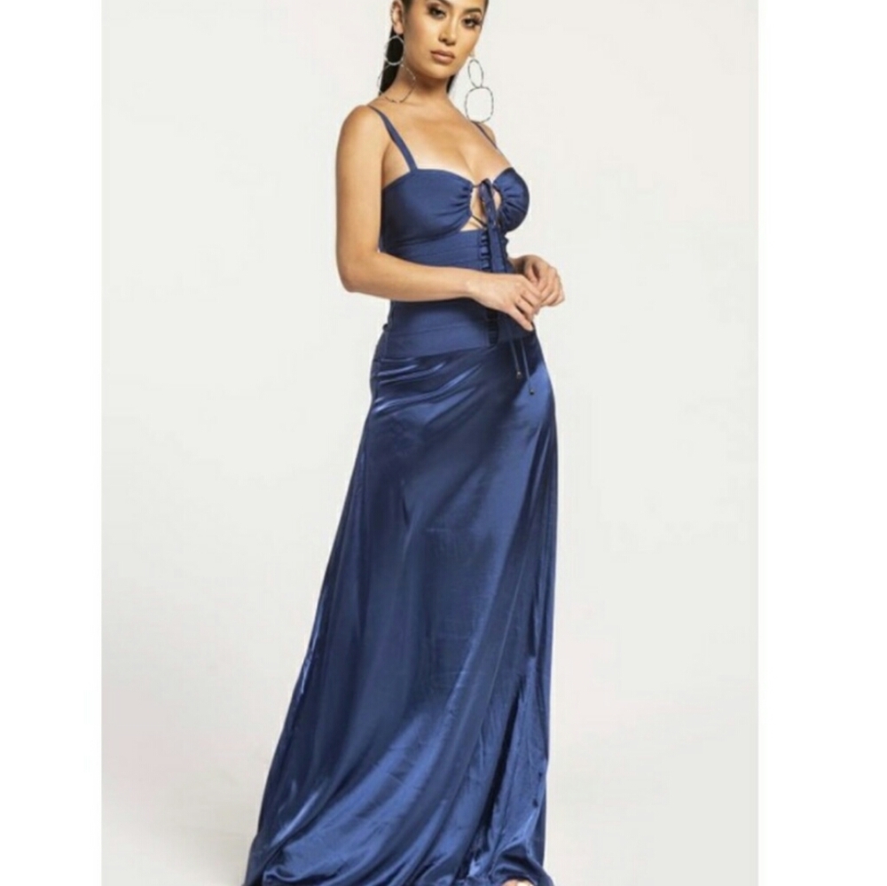 WoW Couture Bandage Lace Up Maxi Metallic Evening Cocktail Party Prom Dress
